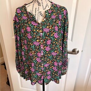 Spell Floral Button-Down Blouse in Black, Pink & Green Large EC FINAL PRICE